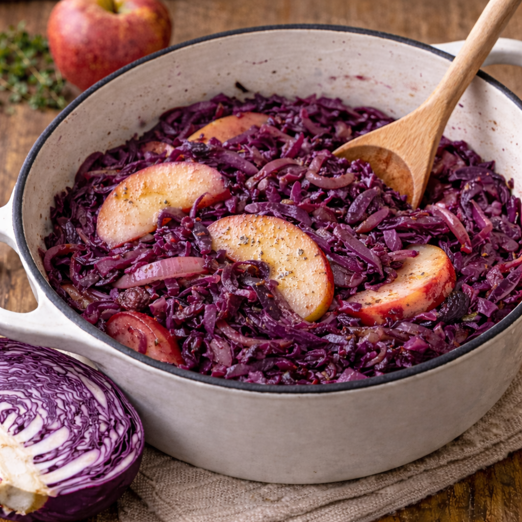 Chou rouge braisé aux pommes et oignons